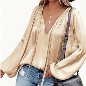 NWOT Elegant Lantern Sleeve Blouse, Tie Neck Champagne